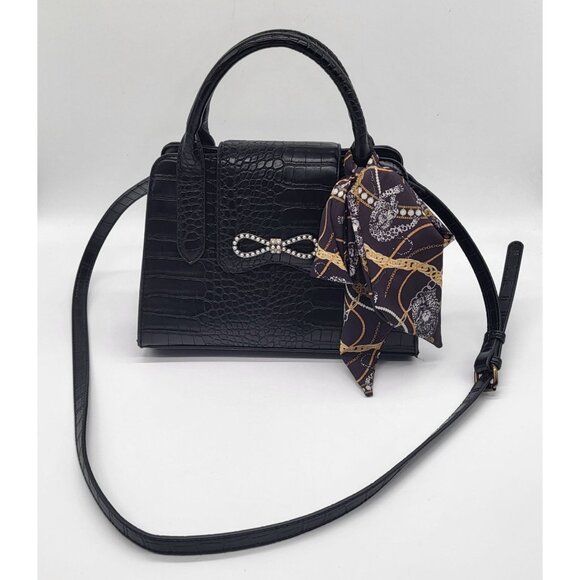 Betsey Johnson Black Satchel Crocodile Print Handbag Purse w/ Scarf Two Handle - Picture 2 of 11